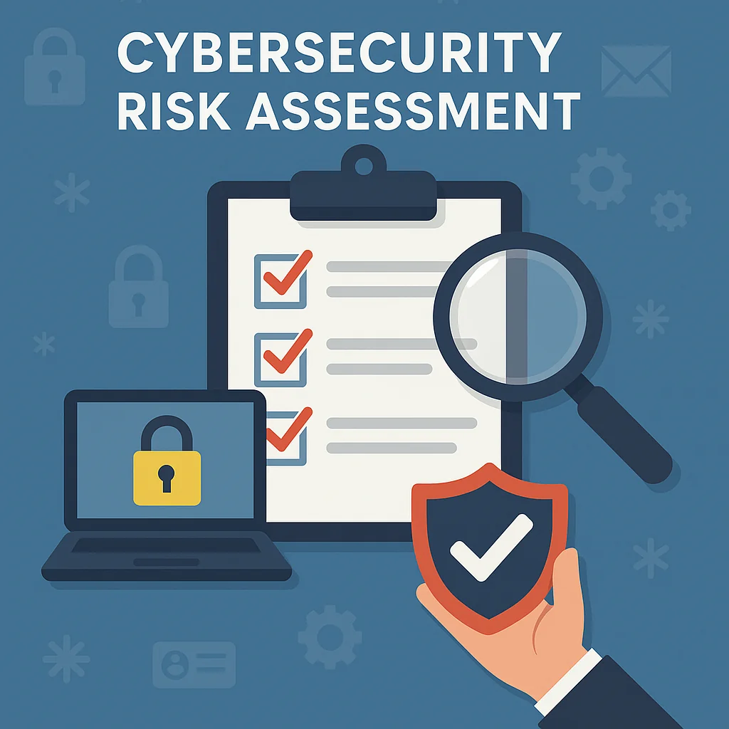Illustration of cybersecurity risk assessment with checklist and shield