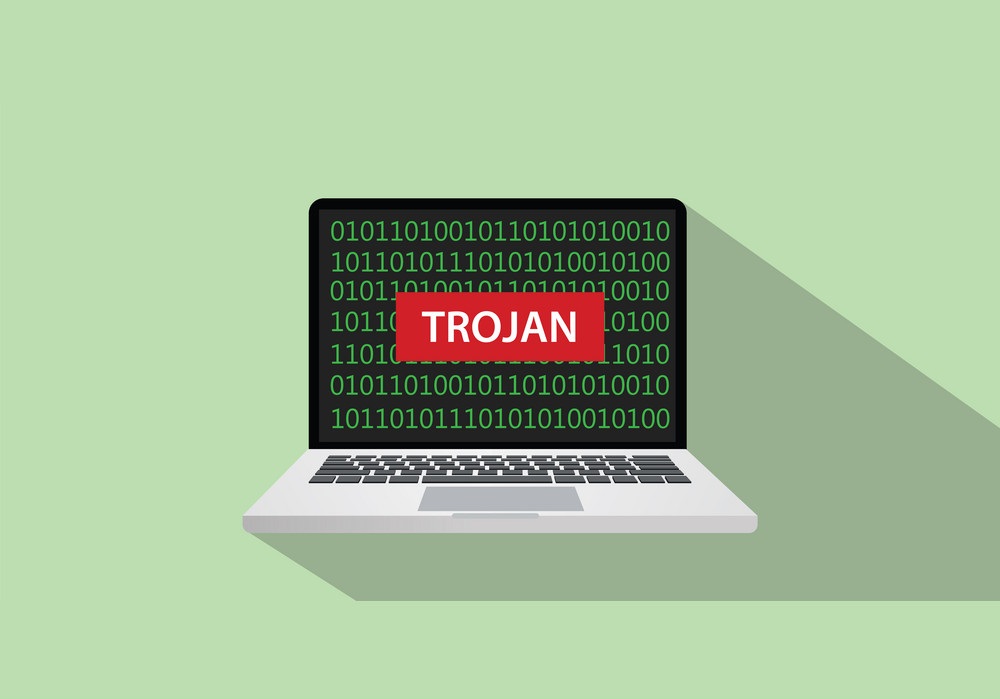 trojan hacking illustration with laptop and red sign on laptop screen with binary code as background vector